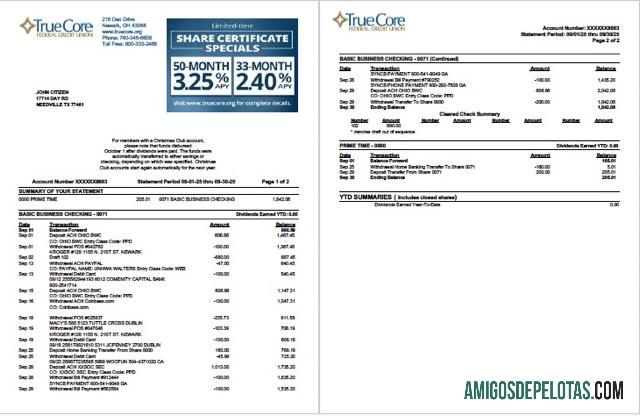 Extrato de conta da União de Crédito Federal TrueCore dos EUA para impressão, modelo Word e PDF, 2 páginas